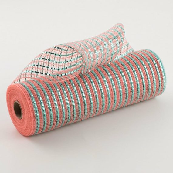 Fabric Mesh |   10" All Foil Thick Metallic Mesh: Coral & Aqua Deco Mesh Blue,Aqua,Coral,Peach