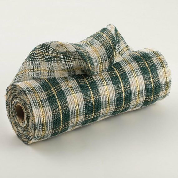 Fabric Mesh |   10" Fabric Plaid Mesh: Hunter Green, White, Gold Deco Mesh Fabric Mesh