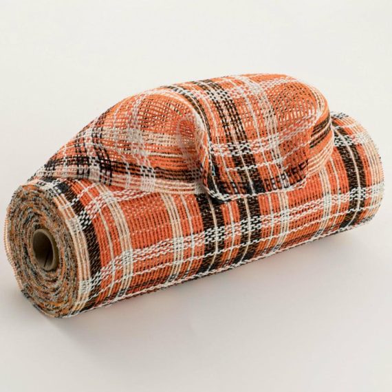 Fabric Mesh |   10" Fabric Plaid Mesh: Orange, Black, Cream Deco Mesh Black,Orange,Cream,Ivory