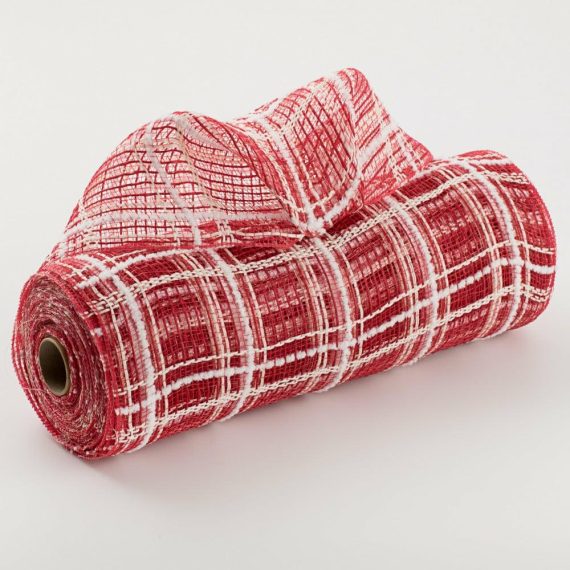 Fabric Mesh |   10" Fabric Plaid Mesh: Red Jute, Cream & White Fuzz Deco Mesh Fabric Mesh