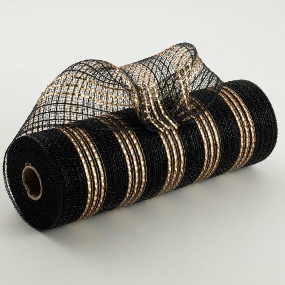 Fabric Mesh |   10" Metallic Stripe Fabric Mesh: Black & Gold Deco Mesh Black,Gold