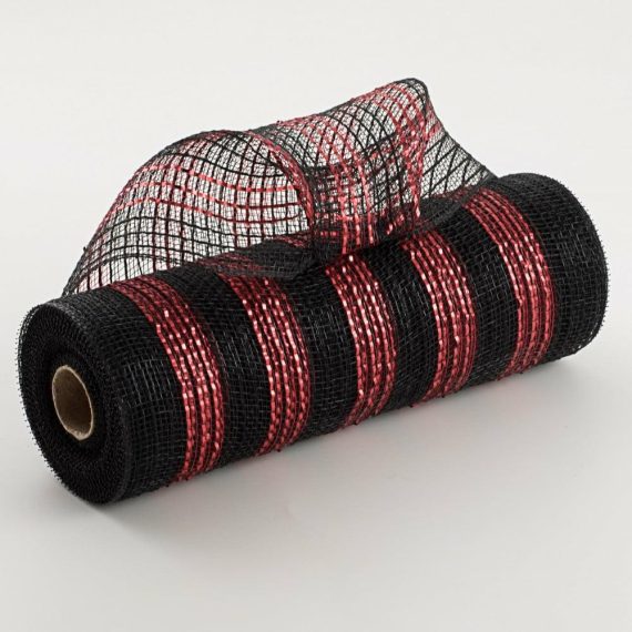 Fabric Mesh |   10" Metallic Stripe Fabric Mesh: Black & Red Deco Mesh Fabric Mesh