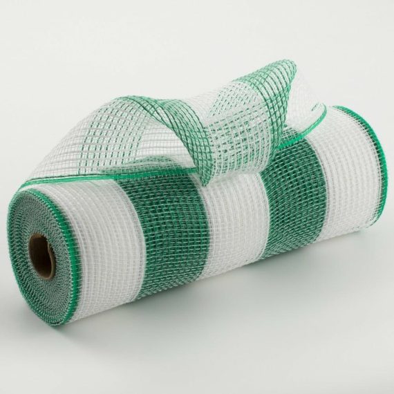 Fabric Mesh |   10" Wide Stripe Fabric Mesh: White & Emerald Green Deco Mesh Fabric Mesh