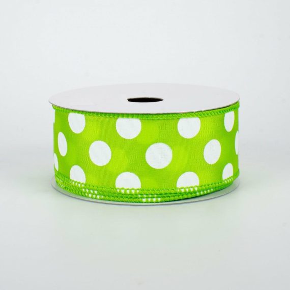 Fabric Ribbon |   1.5" Big Polka Dot Ribbon: Lime & White (10 Yards) Fabric Ribbon Fabric Ribbon