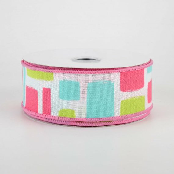 Fabric Ribbon |   1.5" Bold Brush Strokes Ribbon: White, Pink, Teal, Light Green (10 Yards) Fabric Ribbon Fabric Ribbon