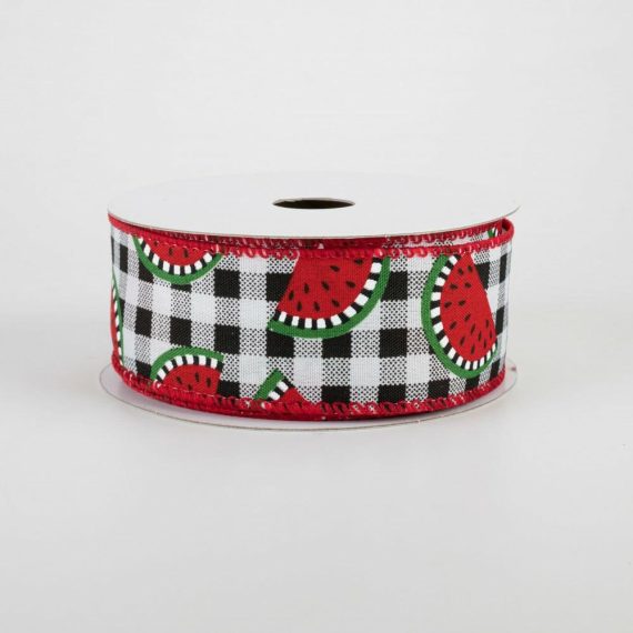 Fabric Ribbon |   1.5" Buffalo Plaid With Watermelon Slices Ribbon (10 Yards) Fabric Ribbon Black,White,Red