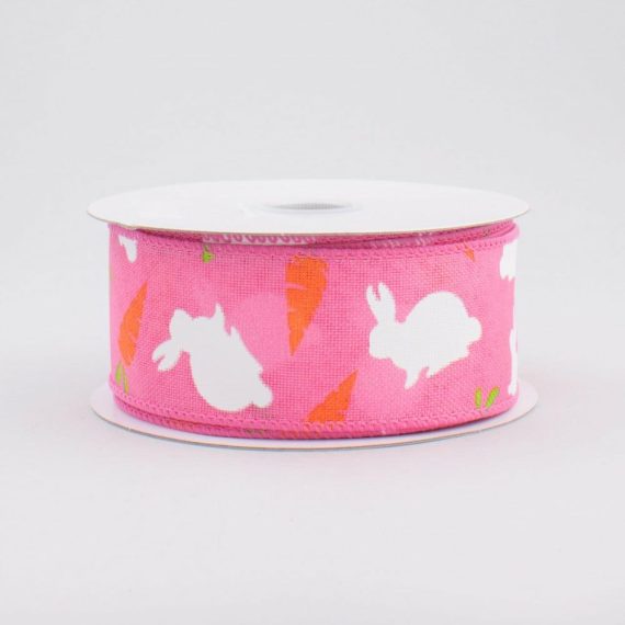 Fabric Ribbon |   1.5" Bunny & Carrots Woven Ribbon: Pink (10 Yards) Fabric Ribbon Fabric Ribbon