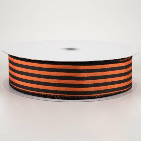 Fabric Ribbon |   1.5" Cabana Stripes Ribbon: Black On Orange Satin (50 Yards) Fabric Ribbon Black,Orange