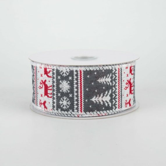 Fabric Ribbon |   1.5" Christmas Sweater Canvas Ribbon: Grey & Red (10 Yards) Fabric Ribbon Fabric Ribbon