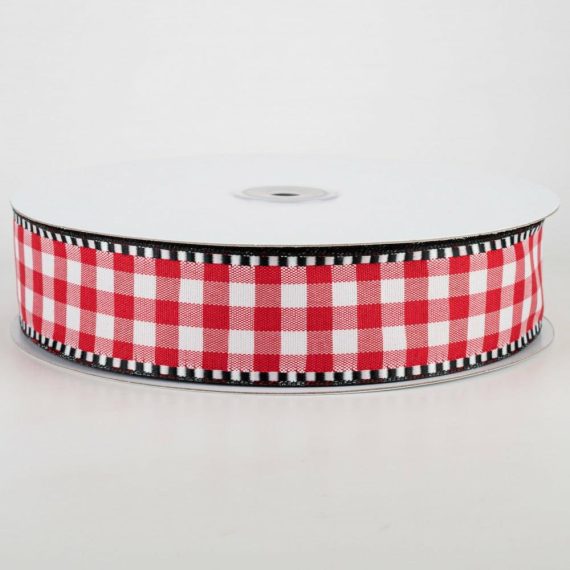 Fabric Ribbon |   1.5" Dashed Edge Check Plaid Ribbon: Red & White (50 Yards) Fabric Ribbon Black,White,Red