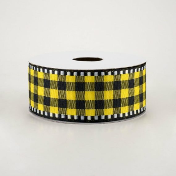 Fabric Ribbon |   1.5" Dashed Edge Check Plaid Ribbon: Yellow & Black (10 Yards) Fabric Ribbon Fabric Ribbon