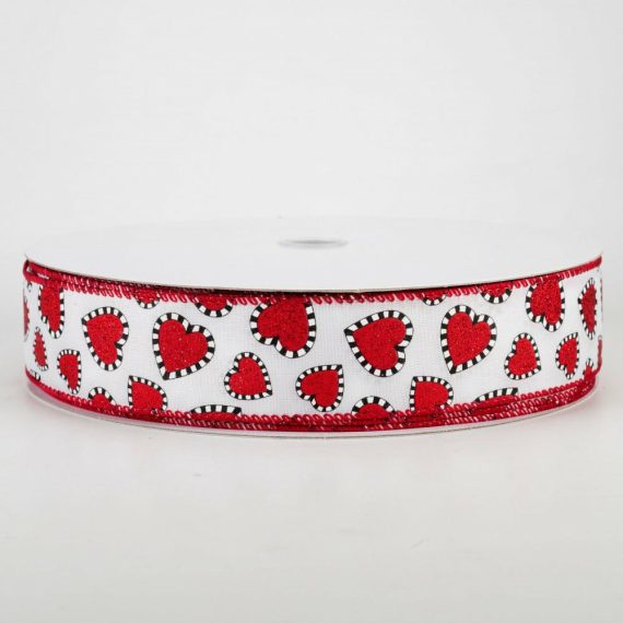 Fabric Ribbon |   1.5" Dashed Edge Glitter Heart Ribbon: White (50 Yards) Fabric Ribbon Black,White,Red