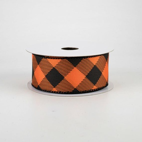 Fabric Ribbon |   1.5" Diagonal Buffalo Plaid Ribbon: Orange & Black (10 Yards) Fabric Ribbon Black,Orange