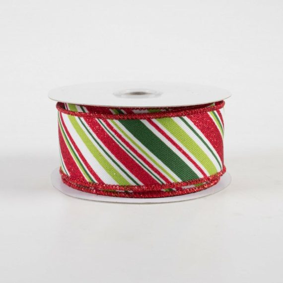 Fabric Ribbon |   1.5" Diagonal Stripe Ribbon: White, Emerald, Lime, Red (10 Yards) Fabric Ribbon Fabric Ribbon