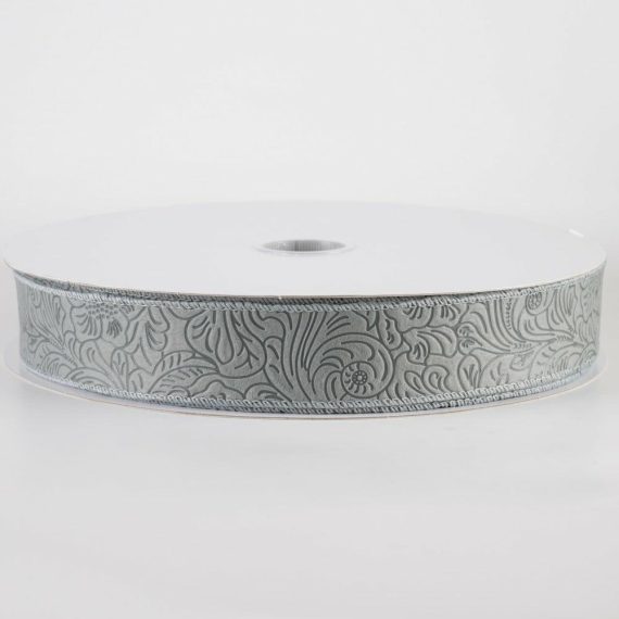 Fabric Ribbon |   1.5" Embossed Flower Breeze Ribbon: Grey (50 Yards) Fabric Ribbon Fabric Ribbon