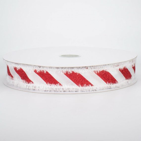 Fabric Ribbon |   1.5" Fuzzy Edge Glittered Candy Cane Ribbon (50 Yards) Fabric Ribbon Fabric Ribbon