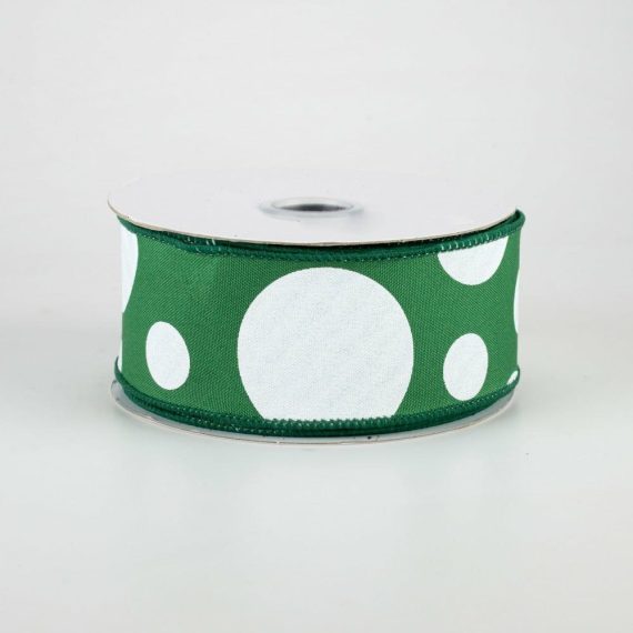 Fabric Ribbon |   1.5" Giant Three Size Polka Dot Ribbon: Emerald Green & White (10 Yards) Fabric Ribbon Fabric Ribbon