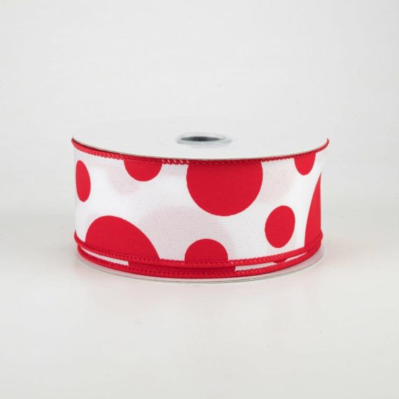 Fabric Ribbon |   1.5" Giant Three Size Polka Dot Ribbon: White & Red (10 Yards) Fabric Ribbon Fabric Ribbon