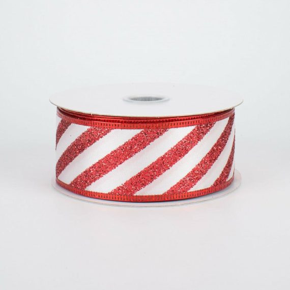 Fabric Ribbon |   1.5" Glitter Candy Cane Stripe Ribbon (10 Yards) Fabric Ribbon Fabric Ribbon