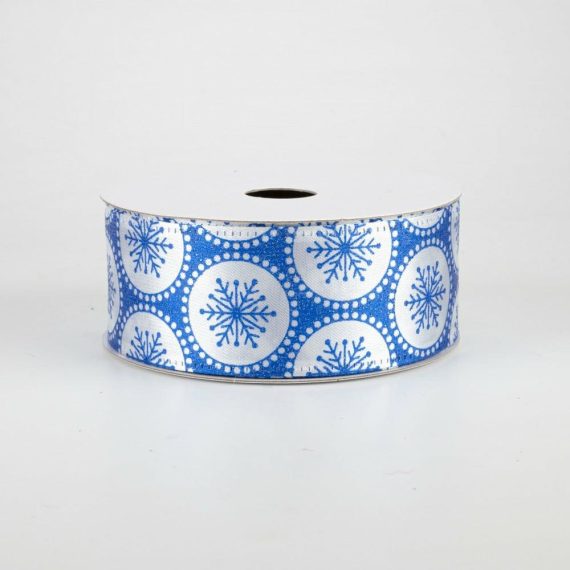 Fabric Ribbon |   1.5" Glitter Snowflake Dots Ribbon: Royal Blue (10 Yards) Fabric Ribbon Blue,White