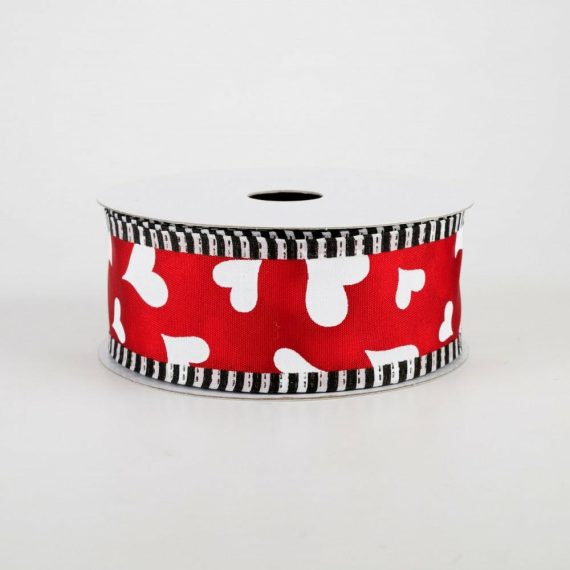 Fabric Ribbon |   1.5" Heart With Black & White Edge Ribbon: Red (10 Yards) Fabric Ribbon Fabric Ribbon