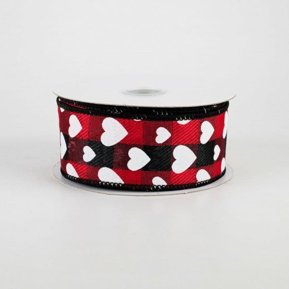 Fabric Ribbon |   1.5" Hearts On Buffalo Plaid Ribbon: Black, Red, White (10 Yards) Fabric Ribbon Black,White,Red