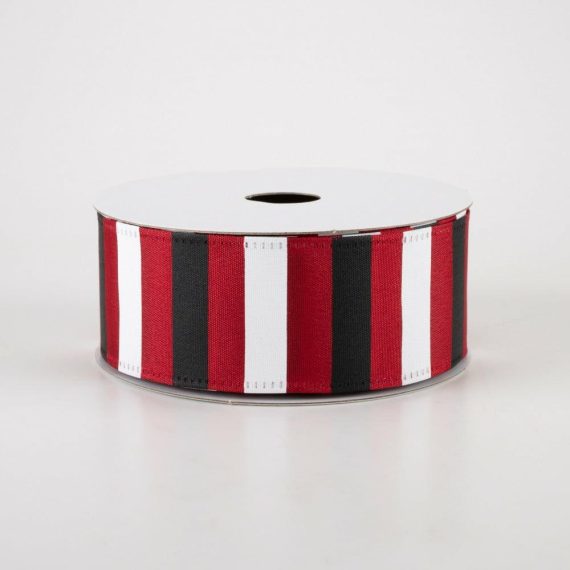 Fabric Ribbon |   1.5" Horizontal Stripes Satin Ribbon: Black & White On Red (10 Yards) Fabric Ribbon Fabric Ribbon