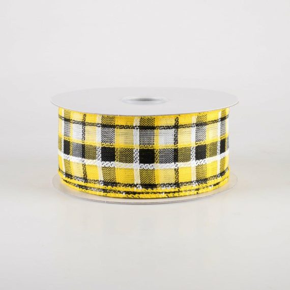 Fabric Ribbon |   1.5" Kentini Plaid Ribbon: Yellow, Black, White (10 Yards) Fabric Ribbon Fabric Ribbon