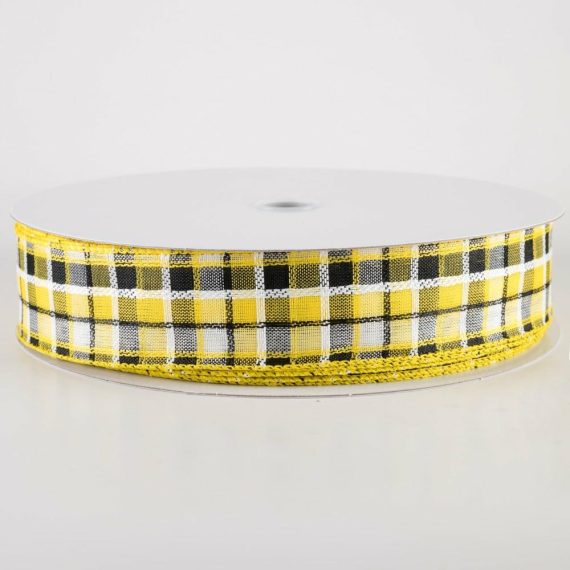 Fabric Ribbon |   1.5" Kentini Plaid Ribbon: Yellow, Black, White (50 Yards) Fabric Ribbon Fabric Ribbon