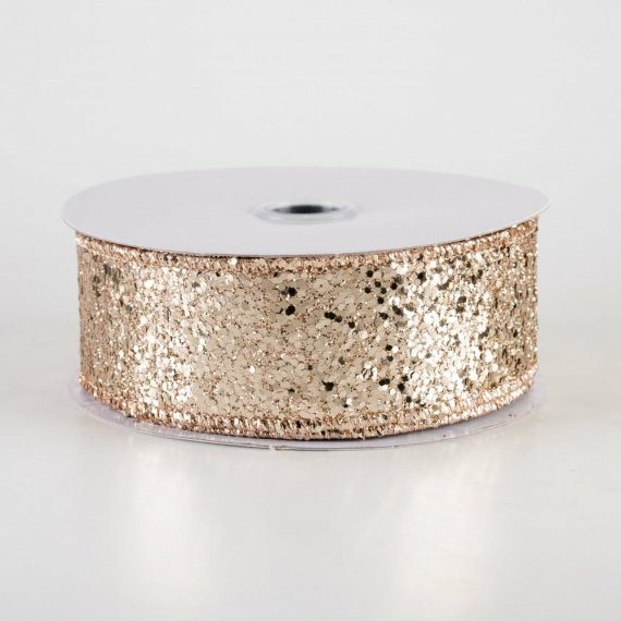 Fabric Ribbon |   1.5" Large Glitter Ribbon: Champagne (10 Yards) Fabric Ribbon Champagne Gold