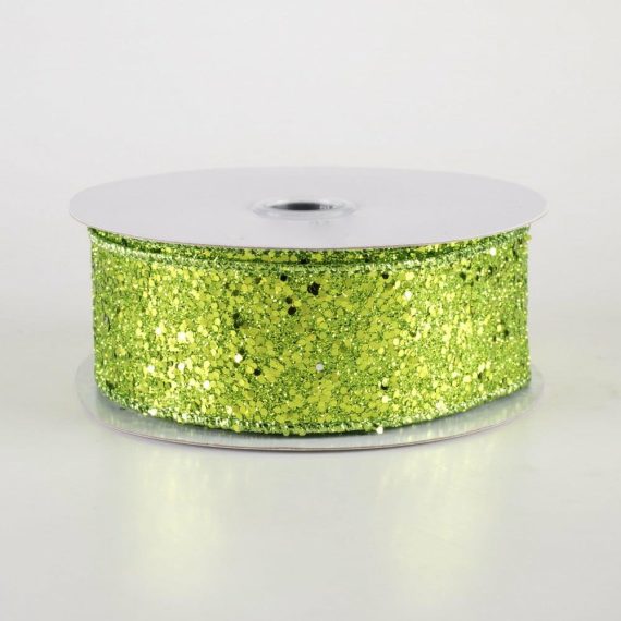 Fabric Ribbon |   1.5" Large Glitter Ribbon: Lime Green (10 Yards) Fabric Ribbon Fabric Ribbon