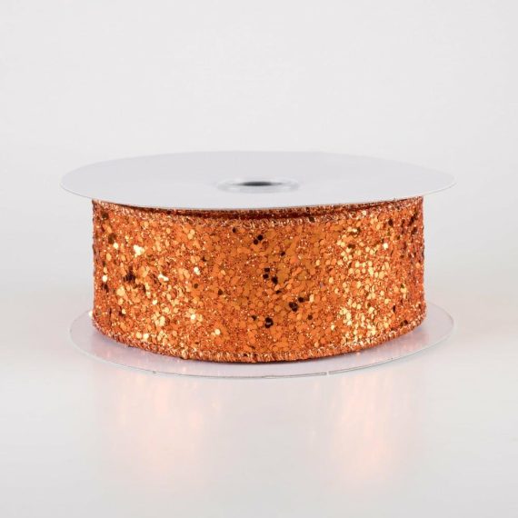 Fabric Ribbon |   1.5" Large Glitter Ribbon: Orange (10 Yards) Fabric Ribbon Fabric Ribbon