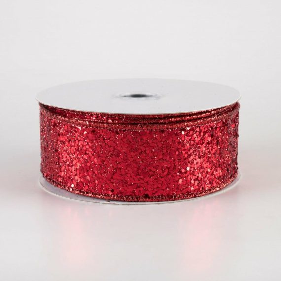 Fabric Ribbon |   1.5" Large Glitter Ribbon: Red (10 Yards) Fabric Ribbon Fabric Ribbon