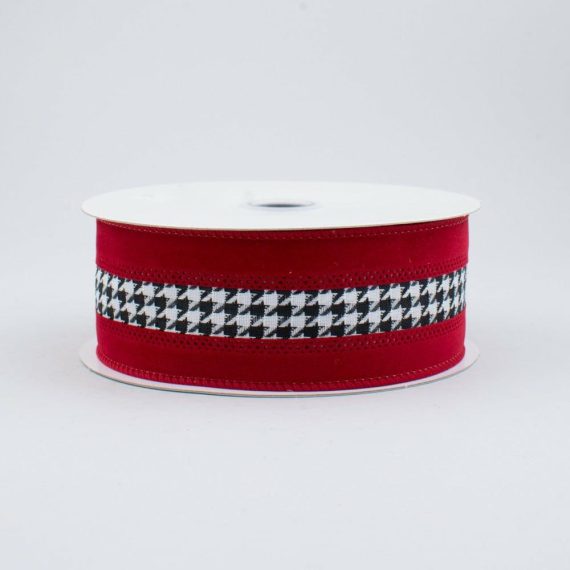 Fabric Ribbon |   1.5" Large Houndstooth Velvet Ribbon: White, Black, Crimson (10 Yards) Fabric Ribbon Fabric Ribbon