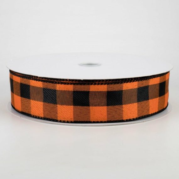 Fabric Ribbon |   1.5" Linen Check Buffalo Plaid Ribbon: Orange & Black (50 Yards) Fabric Ribbon Black,Orange