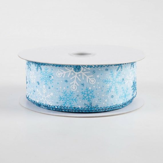 Fabric Ribbon |   1.5" Linen Glitter Snowflakes & Dots Ribbon: Light Blue (10 Yards) Fabric Ribbon Blue,White,Turquoise