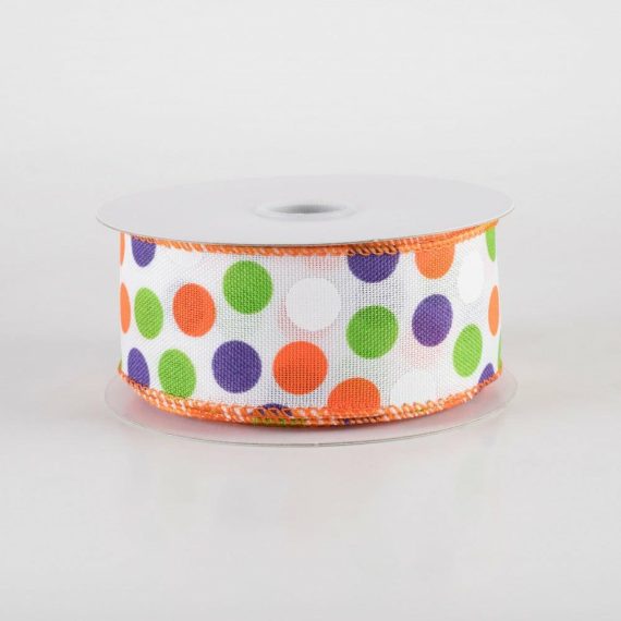 Fabric Ribbon |   1.5" Linen Halloween Dots Ribbon: White (10 Yards) Fabric Ribbon Fabric Ribbon