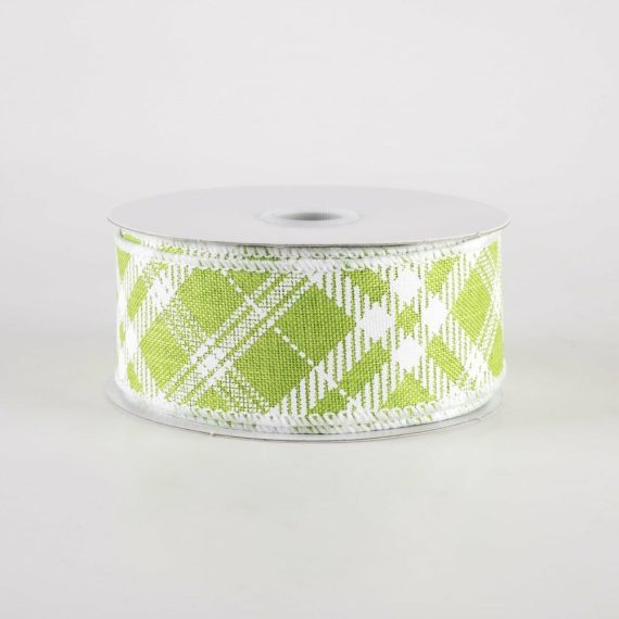 Fabric Ribbon |   1.5" Linen Sandra Diagonal Plaid Ribbon: Lime Green (10 Yards) Fabric Ribbon Fabric Ribbon