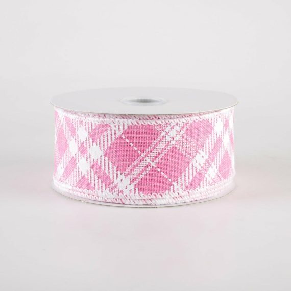 Fabric Ribbon |   1.5" Linen Sandra Diagonal Plaid Ribbon: Pink (10 Yards) Fabric Ribbon Fabric Ribbon