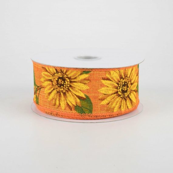 Fabric Ribbon |   1.5" Linen Sunflower Ribbon: Orange (10 Yards) Fabric Ribbon Fabric Ribbon