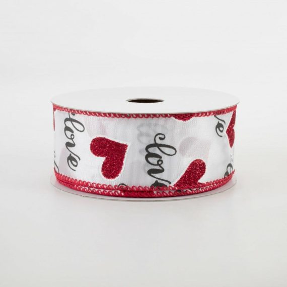 Fabric Ribbon |   1.5" Love Script With Hearts Ribbon: White (10 Yards) Fabric Ribbon Fabric Ribbon