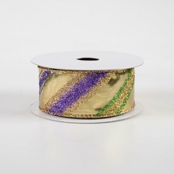 Fabric Ribbon |   1.5" Mardi Gras Diagonal Stripes Lamé Ribbon (10 Yards) Fabric Ribbon Fabric Ribbon