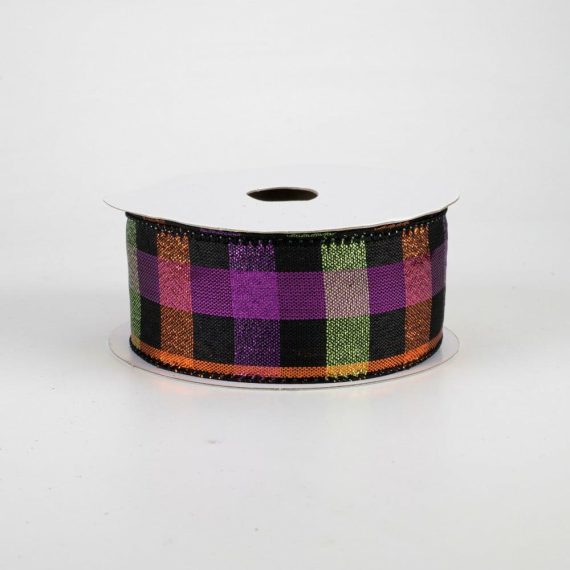 Fabric Ribbon |   1.5" Metallic Halloween Square Check Ribbon (10 Yards) Fabric Ribbon Black,Orange,Purple,Lime Green