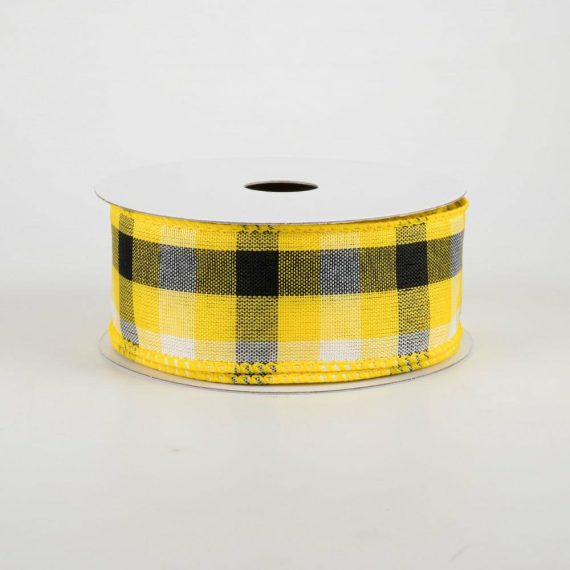 Fabric Ribbon |   1.5" Milos Check Ribbon: Yellow, Black, White (10 Yards) Fabric Ribbon Fabric Ribbon