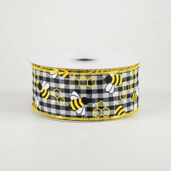 Fabric Ribbon |   1.5" Mini Bumblebees Gingham Check Ribbon (10 Yards) Fabric Ribbon Fabric Ribbon