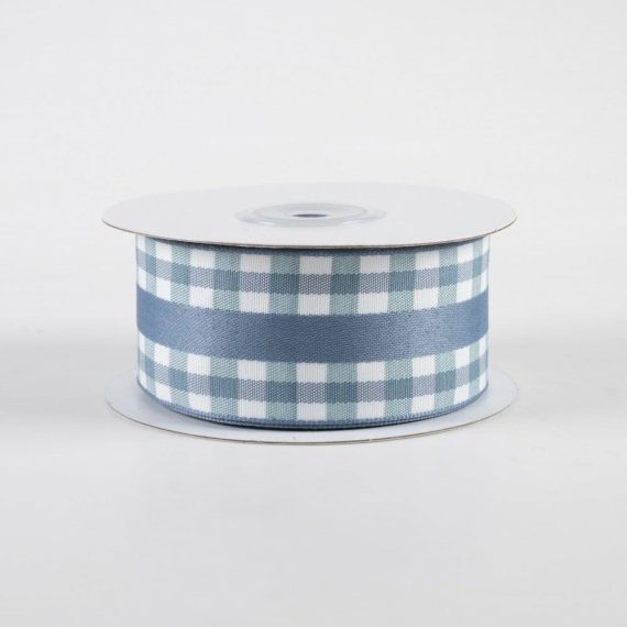 Fabric Ribbon |   1.5" Mini Gingham With Center Stripe Ribbon: Smoke Blue & White (10 Yards) Fabric Ribbon Blue,White