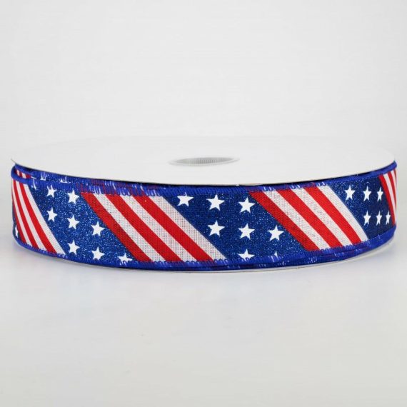 Fabric Ribbon |   1.5" Patriotic Diagonal Stars & Stripes Ribbon (50 Yards) Fabric Ribbon Fabric Ribbon