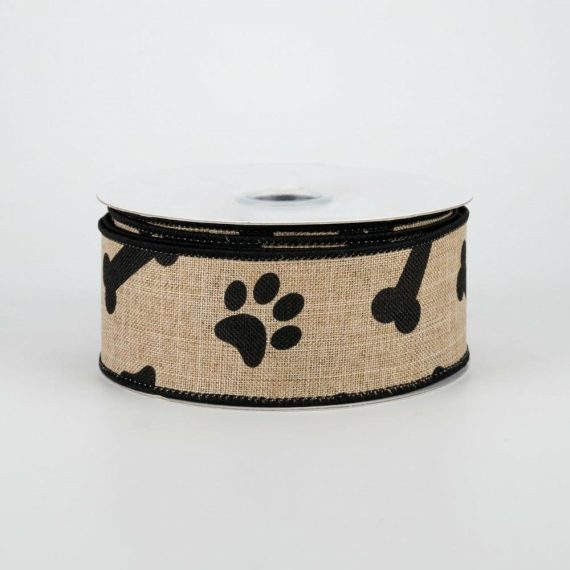 Fabric Ribbon |   1.5" Paw Print & Bones Ribbon: Light Beige & Black (10 Yards) Fabric Ribbon Black,Light Beige