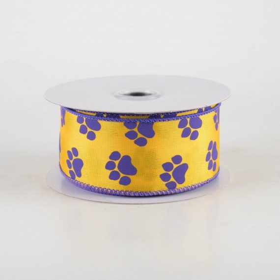 Fabric Ribbon |   1.5" Paw Prints Ribbon: Purple & Golden Yellow (10 Yards) Fabric Ribbon Fabric Ribbon