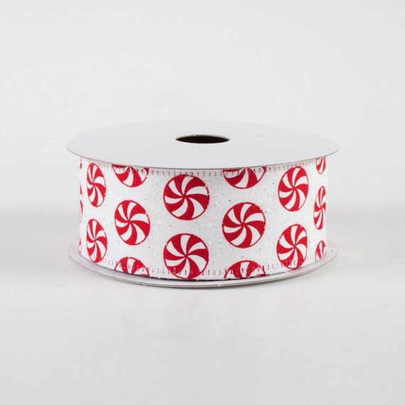 Fabric Ribbon |   1.5" Peppermints White Glitter Satin Ribbon (10 Yards) Fabric Ribbon Fabric Ribbon